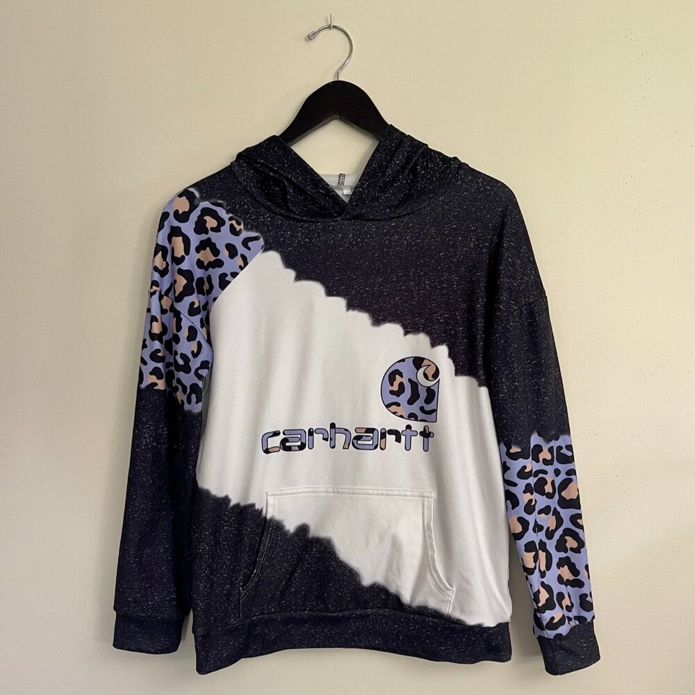 Carhartt-logo black and white hoodie with cheetah pattern, Size small